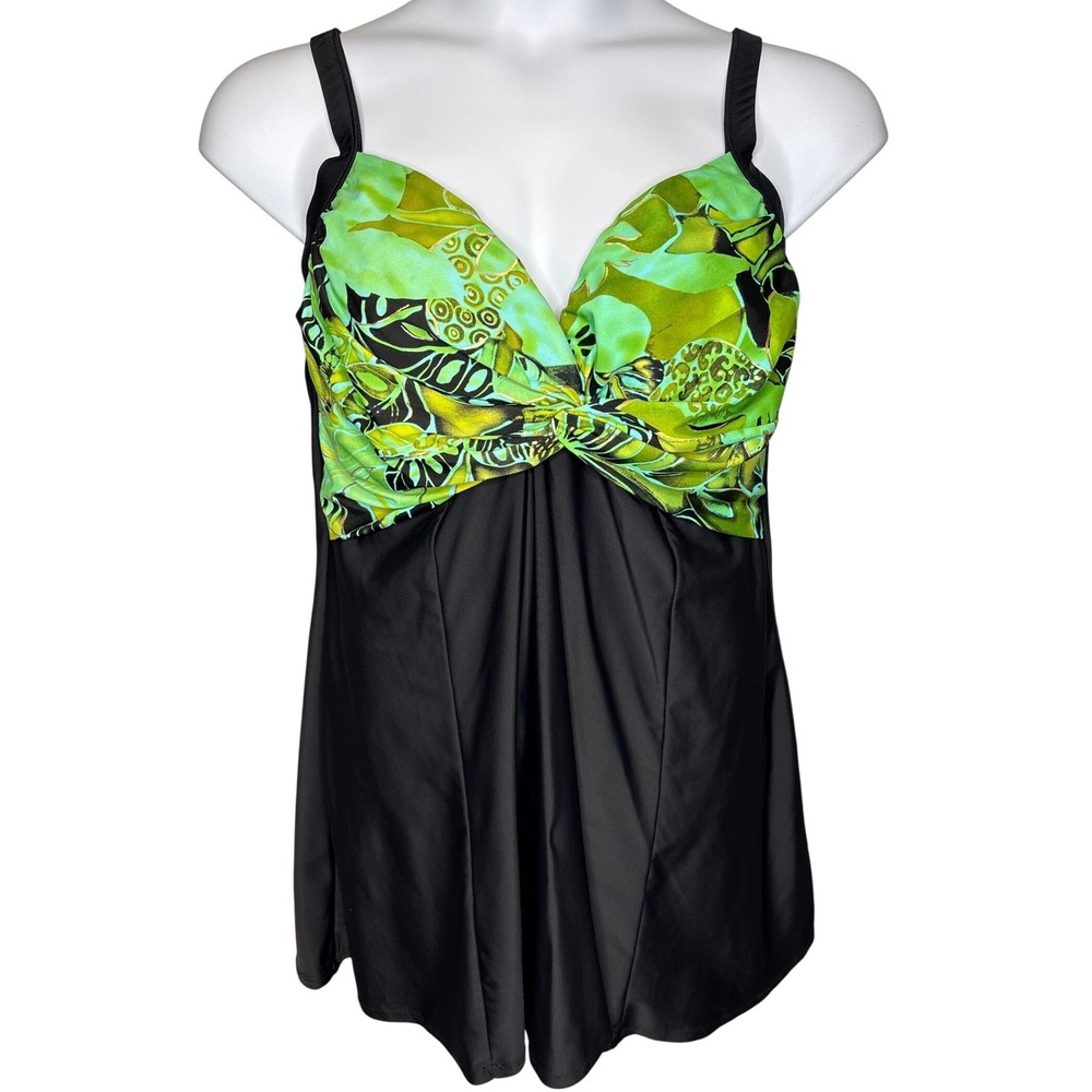 VTG 90s Carol Wior Womens‎ Black Green Floral Slimming Swim Dress 20W Beachwear